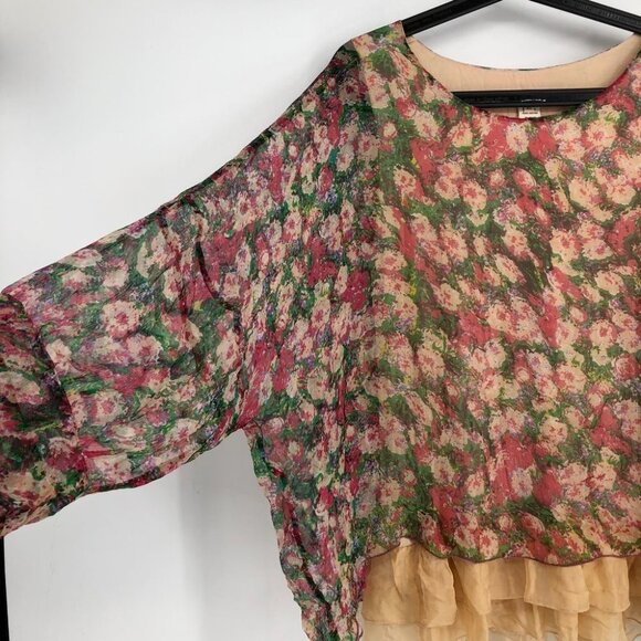 Sundance Floral 100% Silk Tiered Oversized Flowy Breezy Semi Sheer Top/Blouse XS - Picture 6 of 16